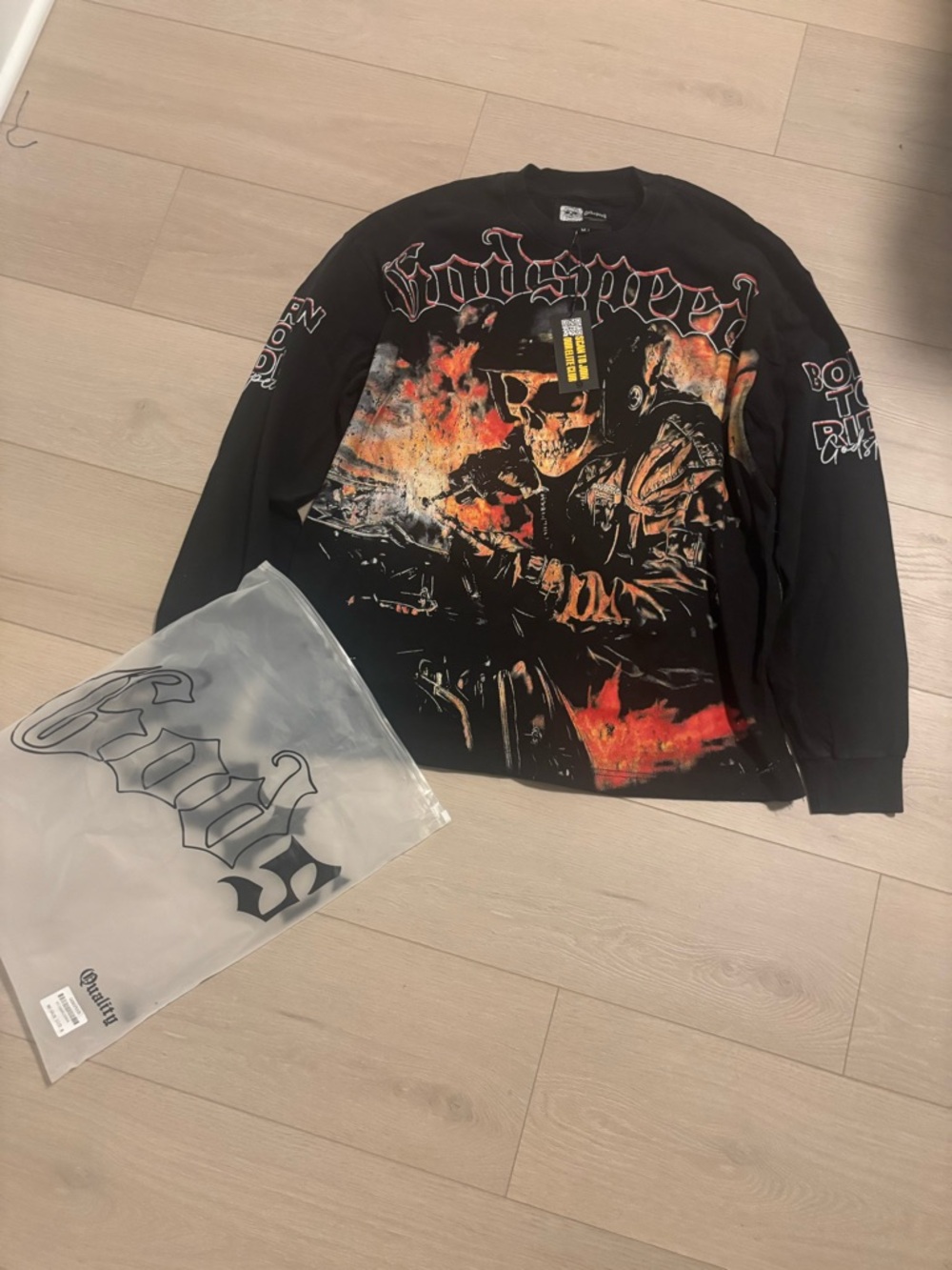 Godspeed Graphic Black Long-Sleeve Sweater with Flame Skull Print